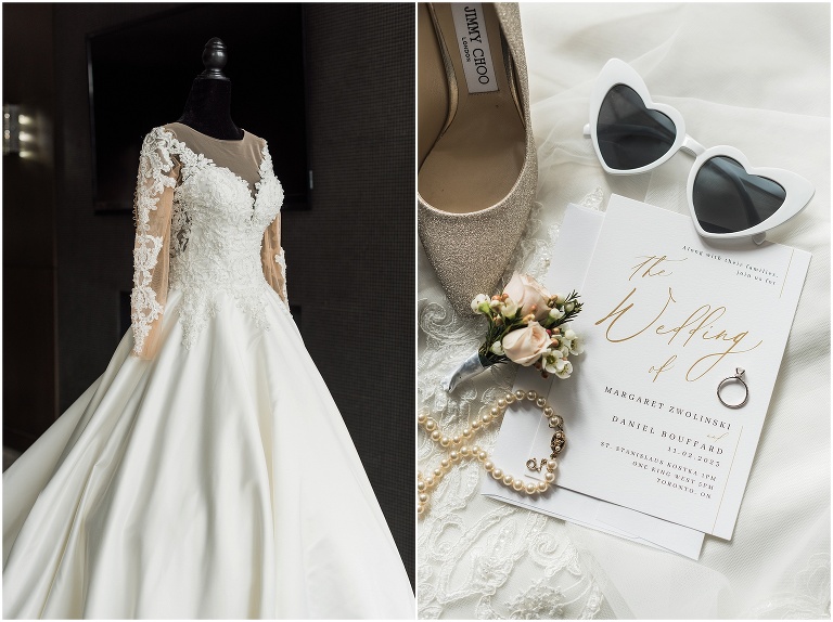 A bride's dress on a mannequin beside a separate photo of her wedding details placed on the train of her dress
