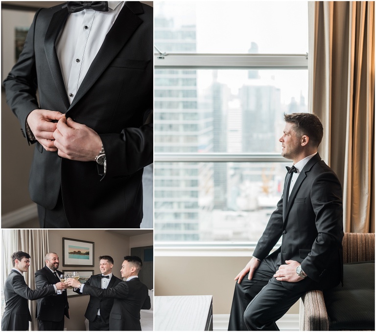 Groom and his groomsmen in his One King West hotel room pouring a glass of champagne