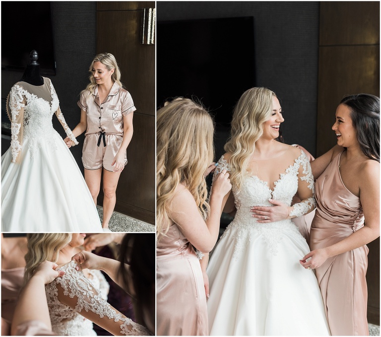 Bride admiring her wedding dress on a mannequin before she puts it on