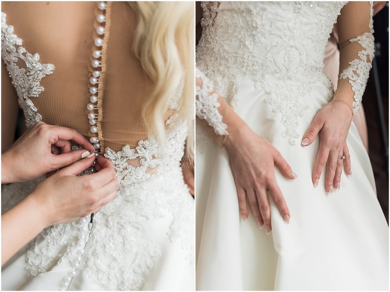 Close up details of a bride's dress being done up at her One King West wedding