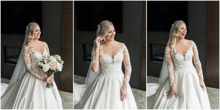 2 portraits of a bride side by side after she has put on her dress