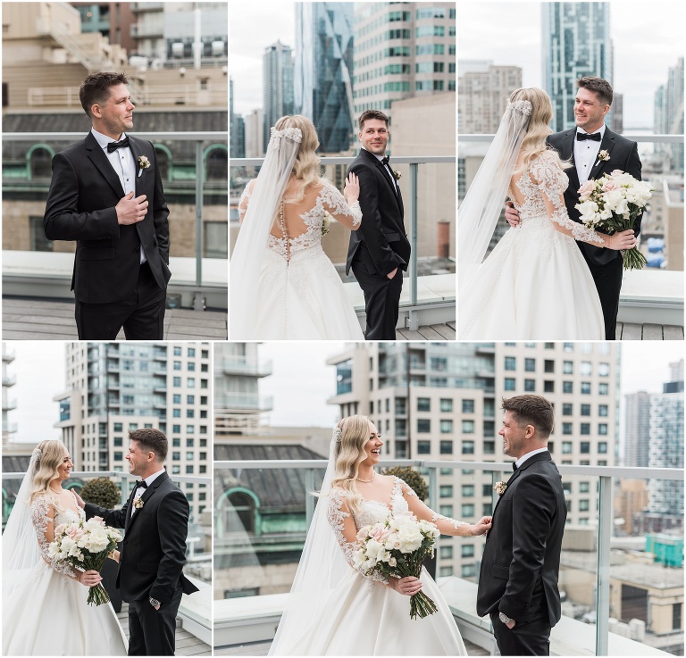 A first look between a bride and groom on the balcony of the 1500 suite at One King West Hotel 