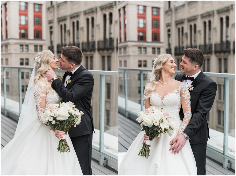 2 portraits of a bride and groom side by side exchanging a kiss on their wedding day 