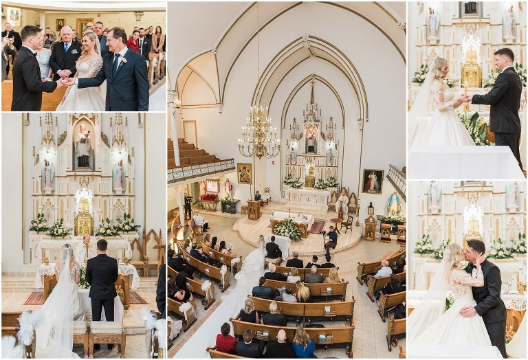 Various photographs from the bride and groom's church ceremony on their wedding day