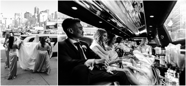 Black and white photograph of the wedding party in the limo with the focus on the bride looking out the window