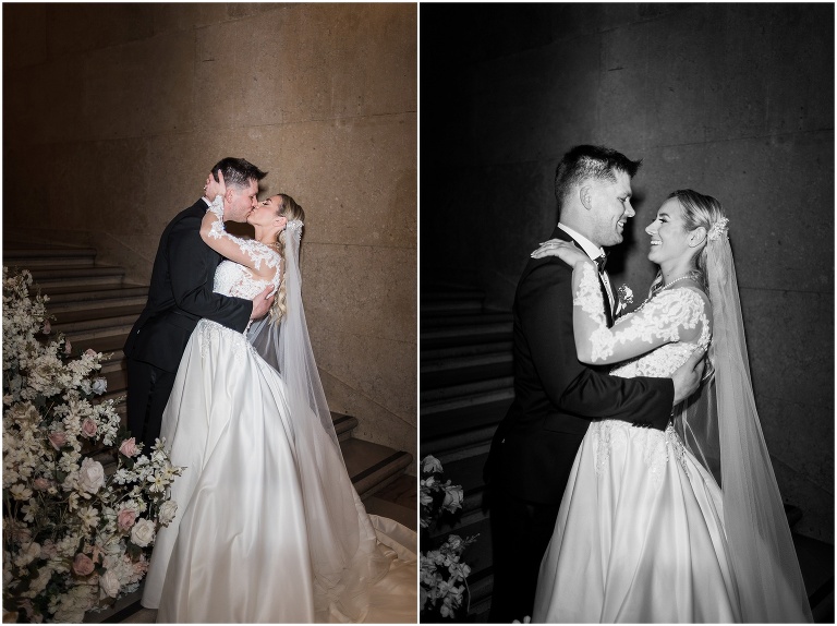 Direct flash imagery of bride and groom on stairs kissing before entering into their wedding reception