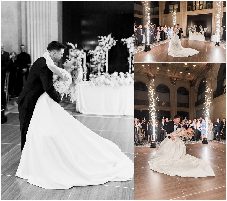 Bride and groom have a first dance in front of 2 cold sparks that go up 10 feet in the air