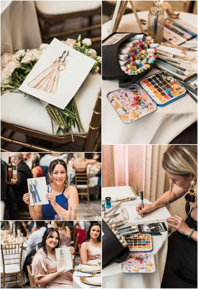 Details of a wedding day artist who paints guests at wedding reception