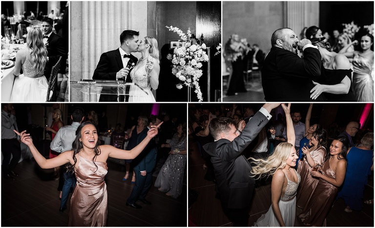 Direct flash photographs of bride and groom dancing with their guests