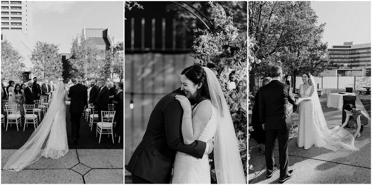 Black and white photo of bride walking down the aisle at Art Gallery of Hamilton