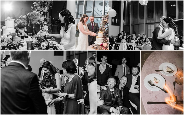 Bride and Groom cutting cake at Art Gallery of Hamilton reception
