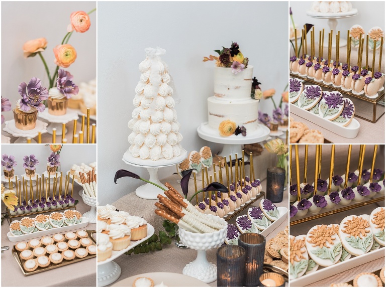 Dessert table by Sweet Celebrations which has a meringue tower, cake, chocolate dipped pretzels, custom piped cookies and more