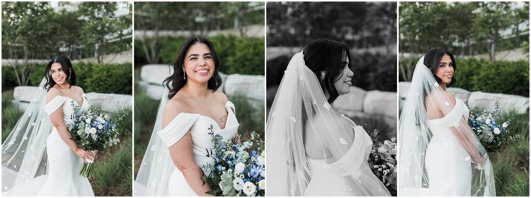 Four photos of a bride side by side as she holds her bouquet, smiles and looks around