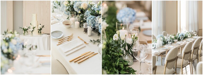 Four photos of the decor, and flowers from Gatto Flowers in the Northshore reception room at The Pearle Hotel in Burlington