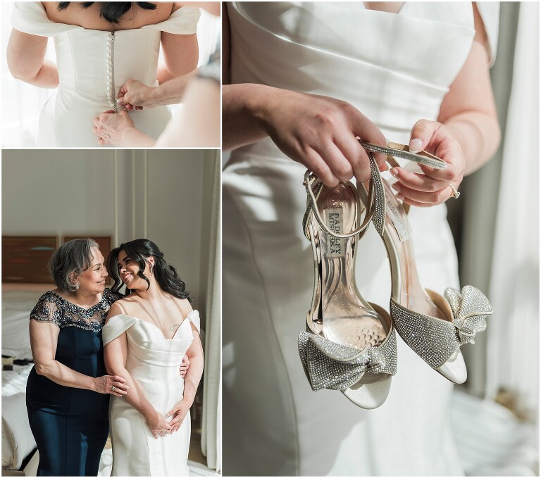 Bride's mom helping her get ready in hotel room at The Pearle Hotel