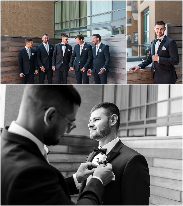 Groom and groomsman getting ready on balcony at The Pearle Hotel