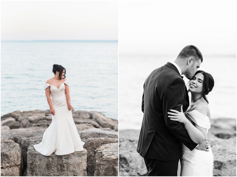 Bride and groom embracing each other during sunset at Burlington waterfront