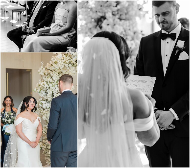Bride and groom reading vows to each other at Pearle Hotel wedding