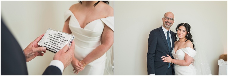 Bride gifting her father an embroidered handkerchief during their first look