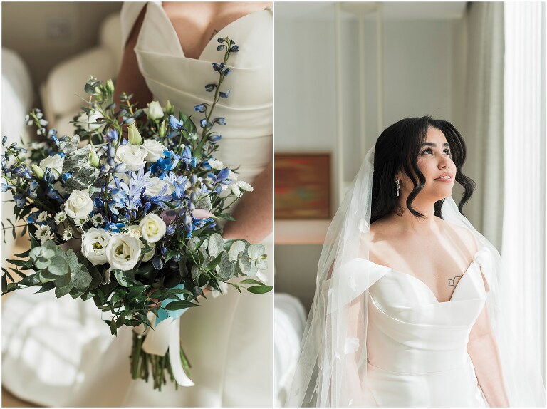 Bride looking elegant as she looks outside with her blue, cream and green bouquet