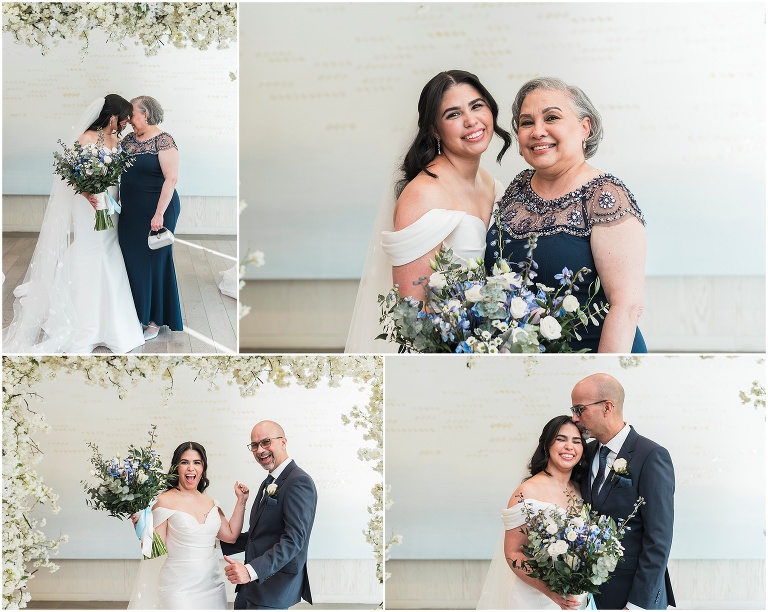 Four family photos of the bride with her mom and dad having fun