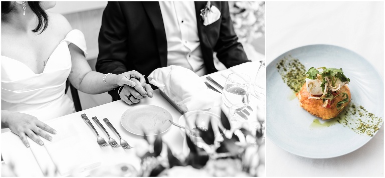 bride and groom holding hands and their appetizer at their pearle hotel wedding