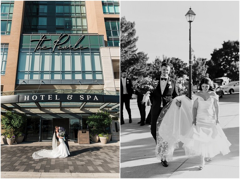 couple kissing outside the front of the pearle hotel sign