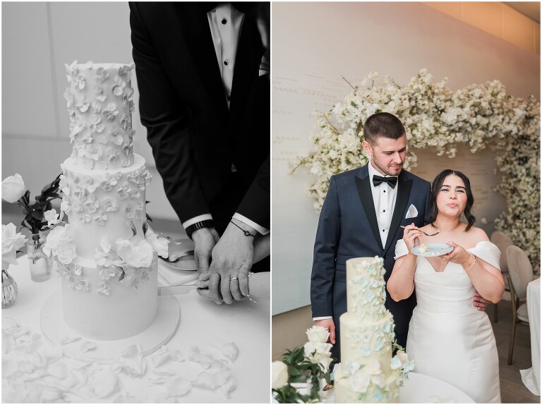Bride and groom cutting cake at their wedding