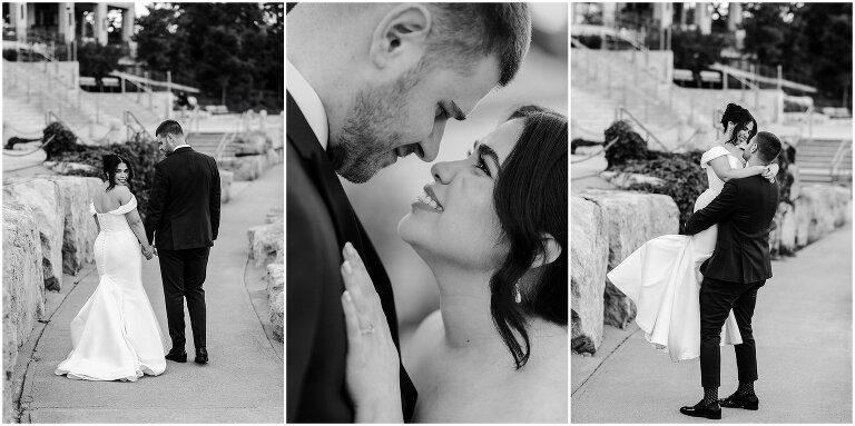 3 black and white photos of bride and groom walking and kissing on their way to take portraits outside of Pearle Hotel