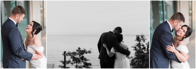 Bride and groom embracing each other during sunset at Burlington waterfront