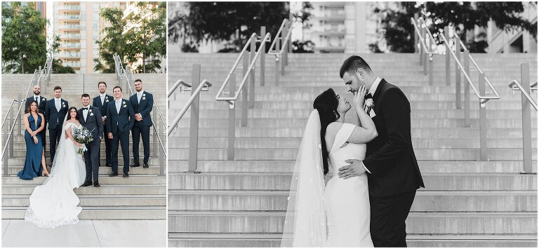 Bride and groom embracing on outdoor staircase outside of Pearle Hotel 