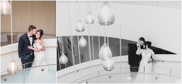Bride and groom inside The Pearle Hotel on the stairs taking portraits