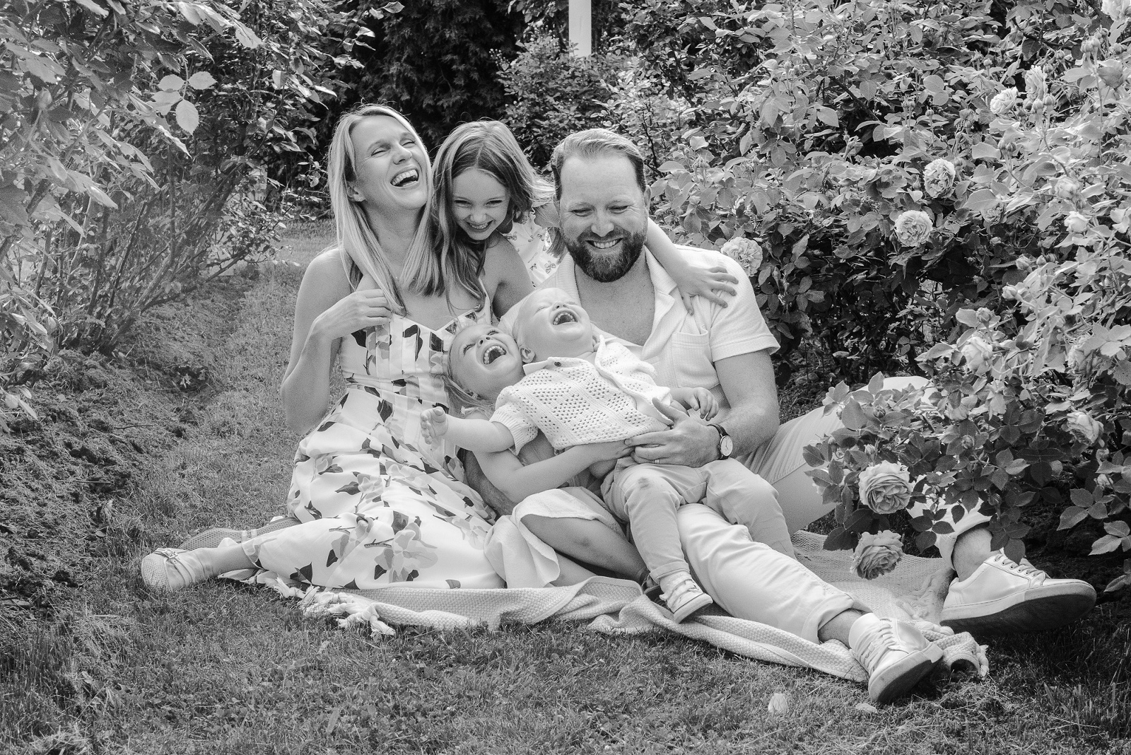 Family of five laughts together on a blanket in front of rose bush