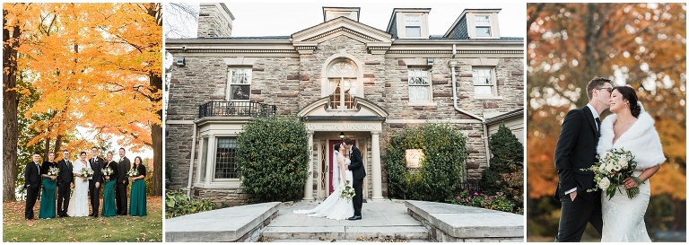 Photo montage with 3 photos showing a wedding at Paletta Mansion in the fall