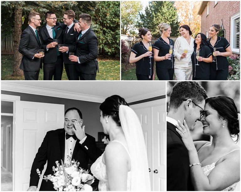 Bride and groom get ready with wedding party individually, and then bride has first look moment with her father