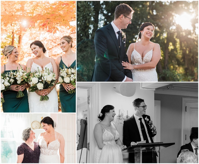 Bride and groom are captured having small fun moments with wedding party and each other