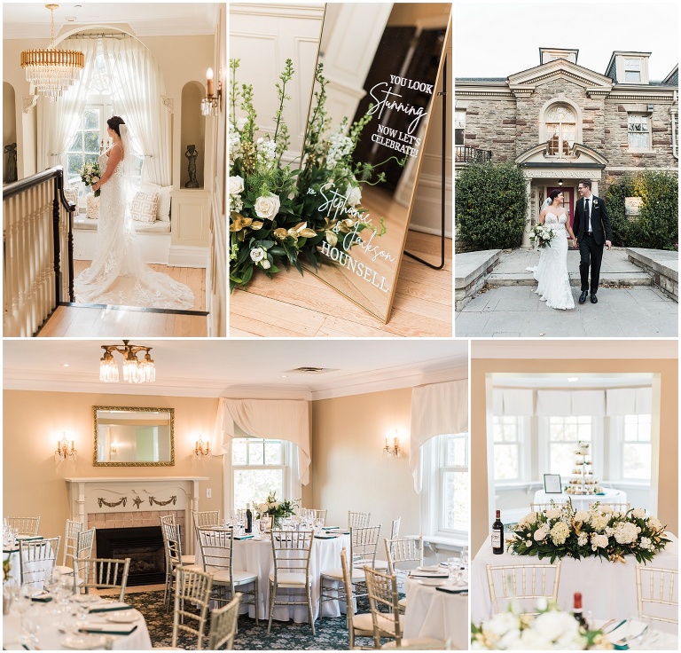 Collage of wedding photos showing the interior of Paletta Mansion in Burlington