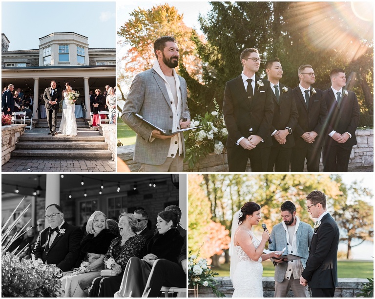 Paletta Mansion wedding ceremony with bride walking down steps, groom waiting, and guests reacting during a fall wedding near Toronto