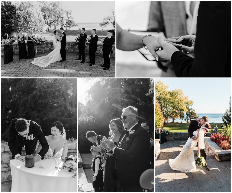 Paletta Mansion wedding ceremony with bride and groom kissing, exchanging rings, family clapping and couple signing marraige papers during a fall wedding near Toronto