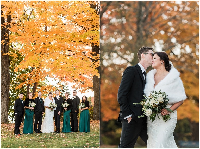 Wedding party standing together in front of trees that are bright orange, and bride and groom embracing in front of orange trees