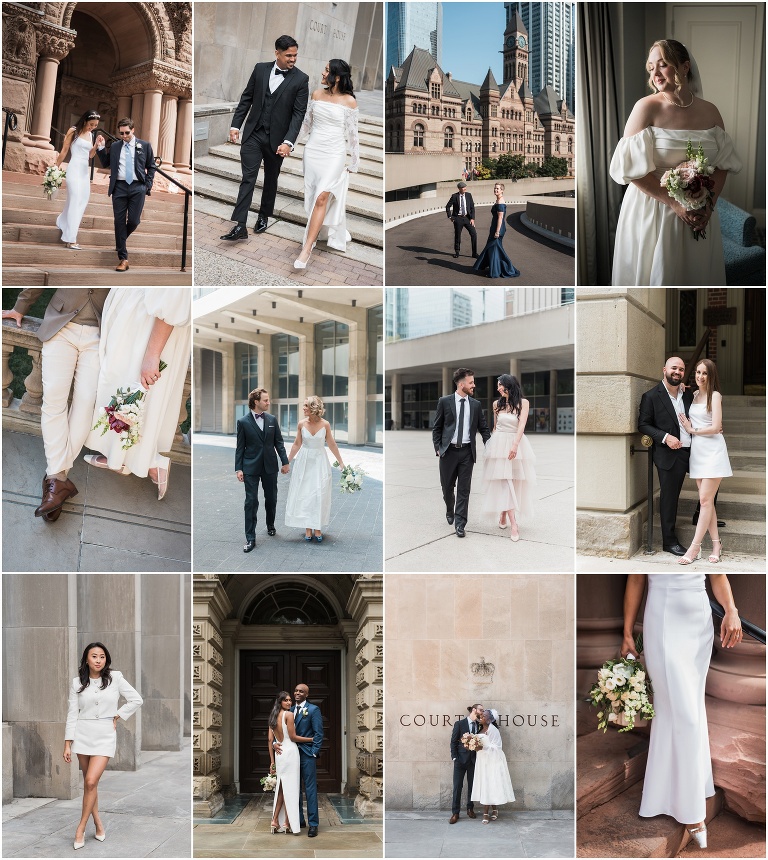 A collage showing various different outfit choices for a Toronto City Hall Wedding