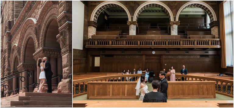 Couple inside Old Toronto City Hall and on front steps on wedding day