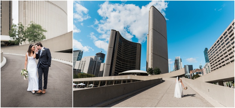Bride and groom on ramp at Toronto City Hall on wedding day