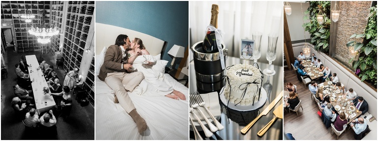 Collage of couple in bed eating wedding cake, intimate wedding reception at Sassafraz & candle lit Barberian's Steak House wedding reception